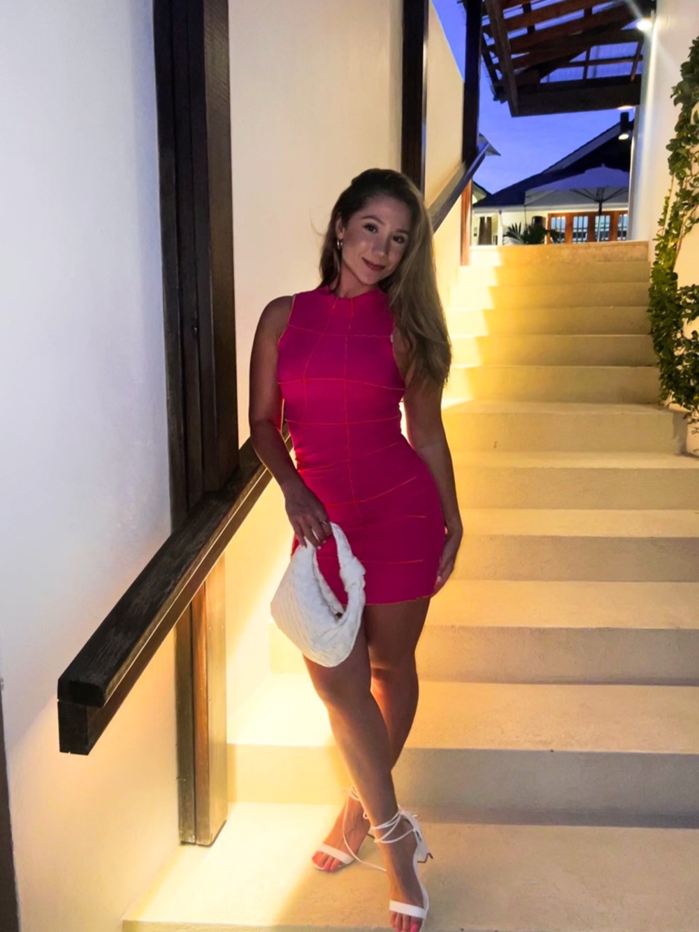 Sleeveless Hot Pink Bodycon Mini Dress with Orange Accents